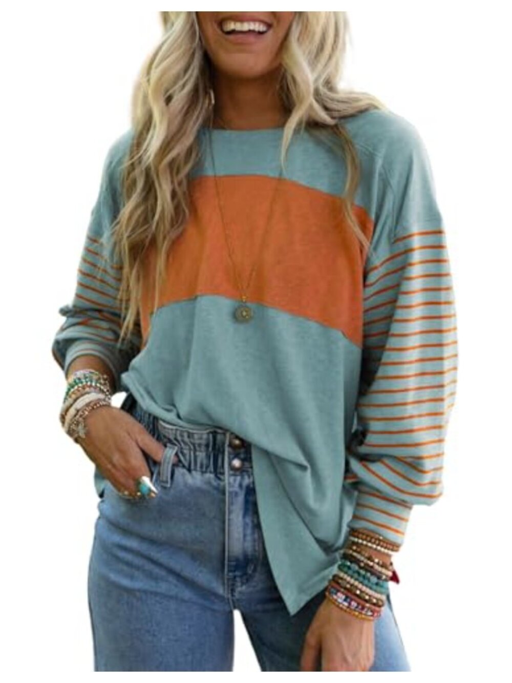 Dokotoo Long Sleeve Tunic Top Oversized Color Block Women's Blouse
